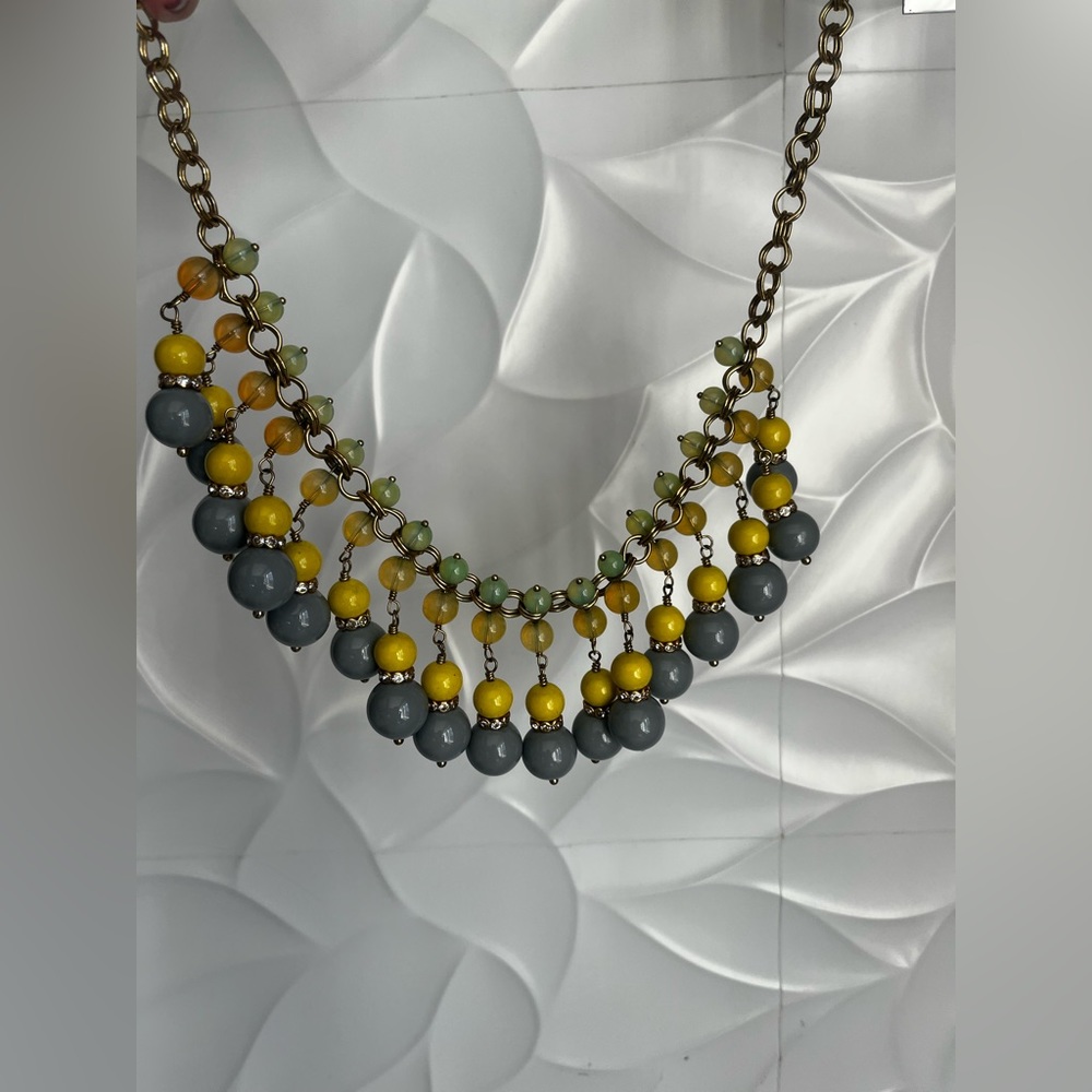 J Crew gold necklace Large gray, small yellow, green & opal beads w Rhinestones